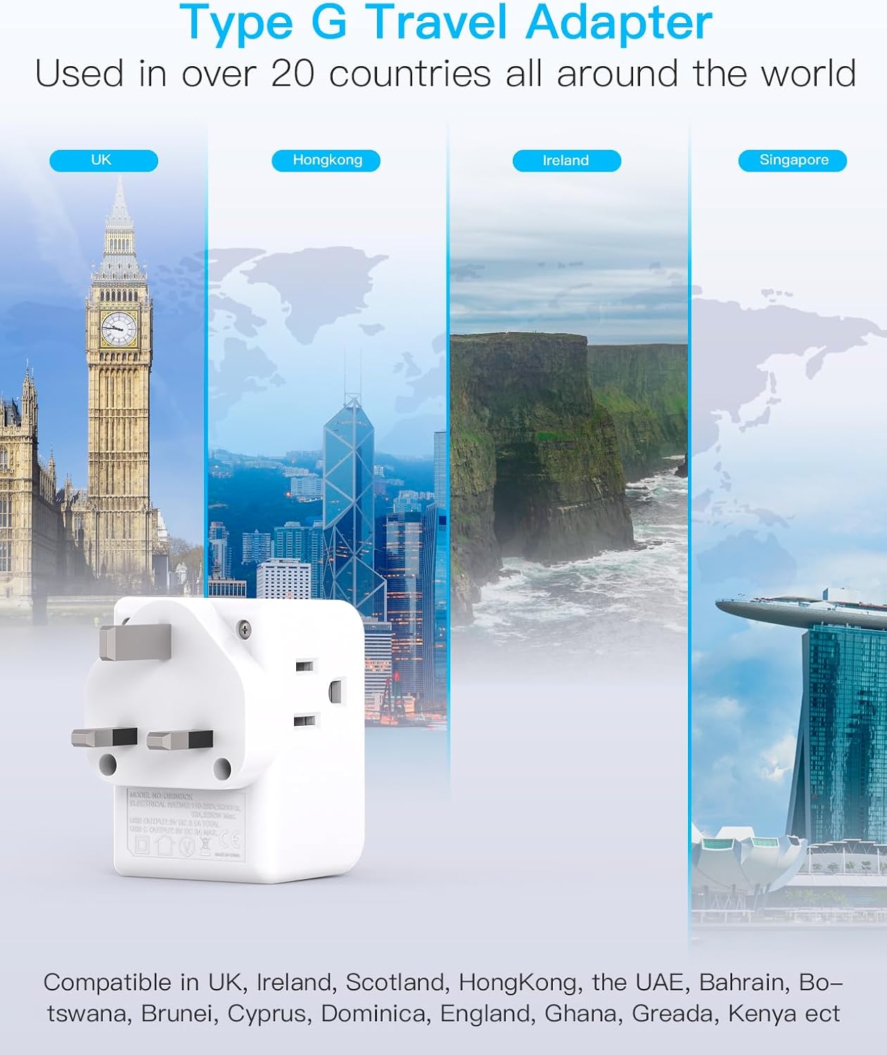 2 Pack US to UK Ireland Travel Plug Adapter, Type G Power Plug Adapter with 3 Outlets 3 USB Ports(2 USB C), European Travel Plug Adapter for USA to England London Scotland British Qatar Irish HongKong - Image 7