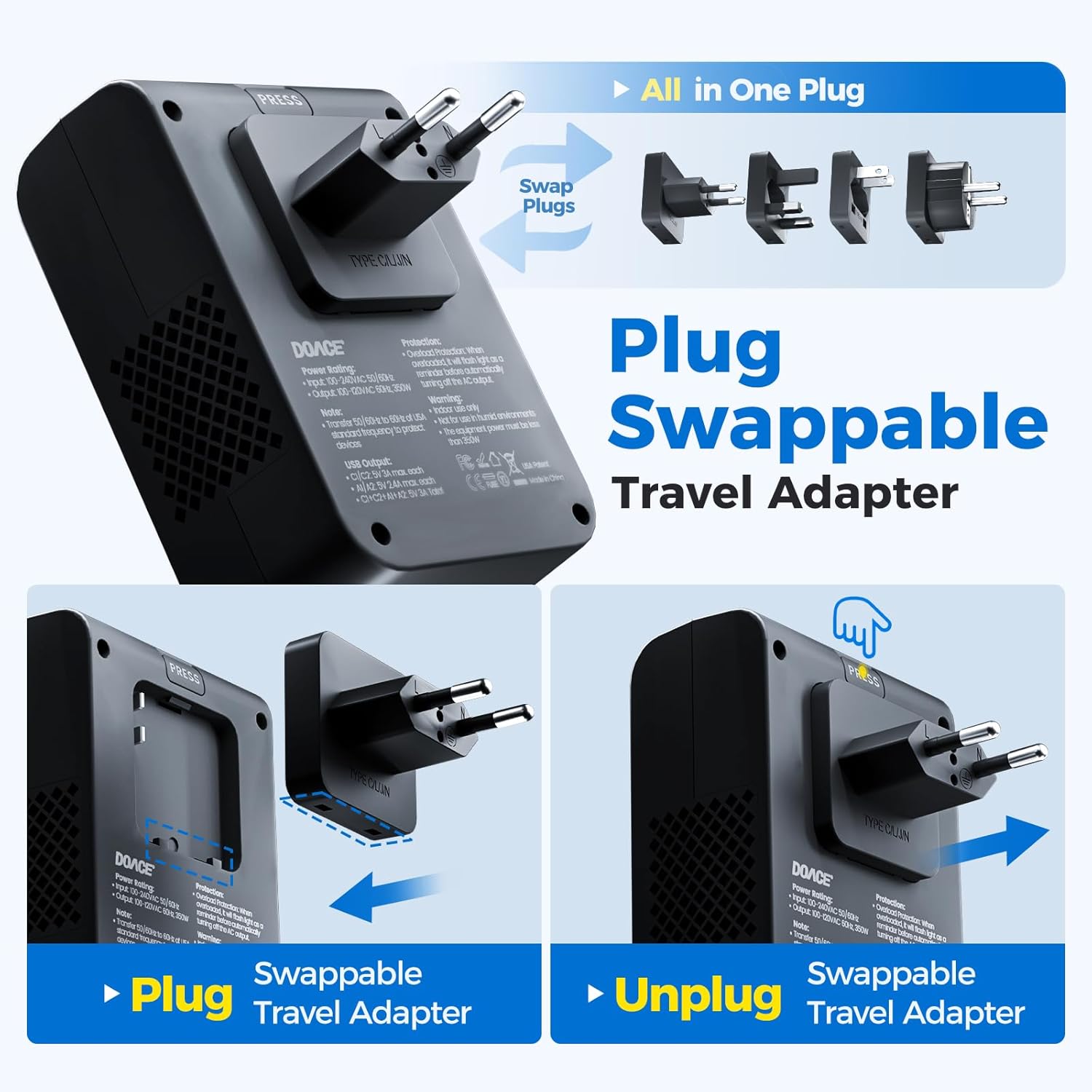 DOACE 350W Voltage Converter US to Europe - 220V to 110V Converter for European Travel, Power Converter Adapter Combo with PD Chargers for Hair Straightener Shaver Toothbrush CPAP Laptop Camera Phone - Image 6