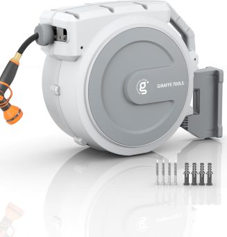Giraffe Tools Retractable Garden Hose Reel, 5/8 in x 90 ft Heavy Duty Hose Reel With 9 Pattern Nozzle, Any Length Lock, Wall Mount Water Hose Reel, 180°Swivel, Light Grey